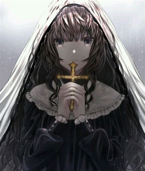 An Anime Character Dressed In Black And White Holding A Cross With Her