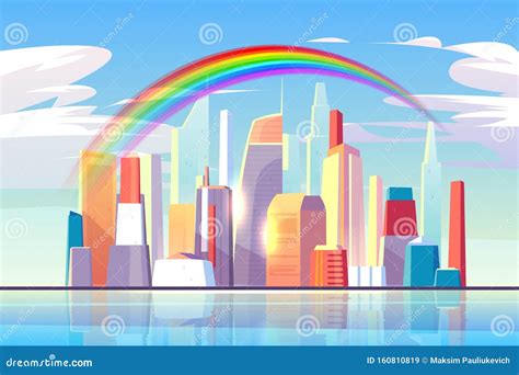 Rainbow Above City Skyline Architecture Waterfront Stock Vector