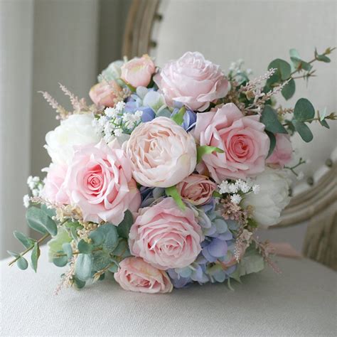 Bouquet De La Mariéeblush Rose Et Bleu Pâle Classique Bouquet De