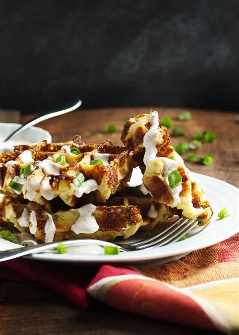 This homemade waffles recipe is so easy to make. Loaded Mashed Potato Waffles - Just a Little Bit of Bacon