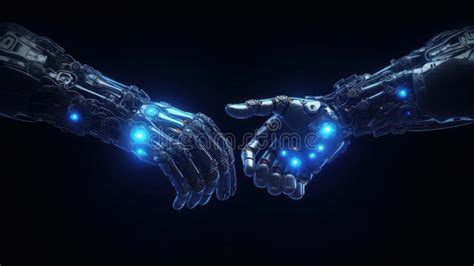 Handshake Of Two Cyborgs Two Metal Anthropomorphic Hands Reaching Out