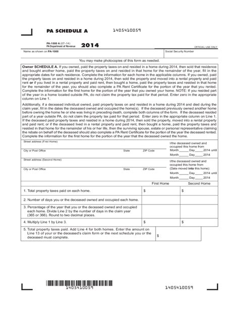 PA Property Tax Rebate Table A