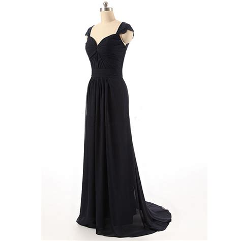 Black Cap Sleeved Chiffon Floor Length Dress With Ruched Sweetheart Bodice And Lace Appliqués On