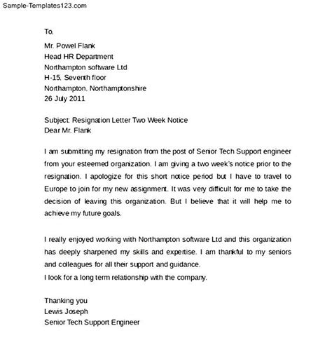 Engineer Resignation Letter Notice Of 2 Weeks Sample Templates