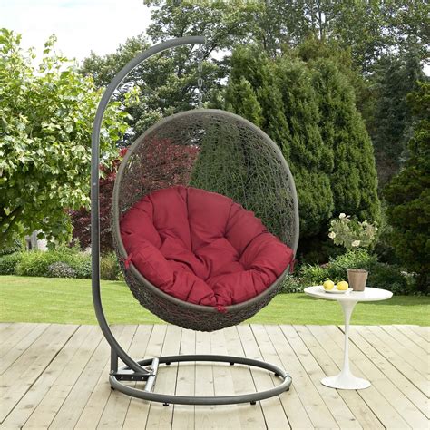 Hide Outdoor Patio Swing Chair With Stand In Gray Red By Modway