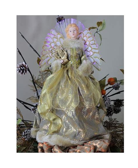 16″ Lighted Fiber Optic Angel In Metallic Gold Gown With Harp Christmas