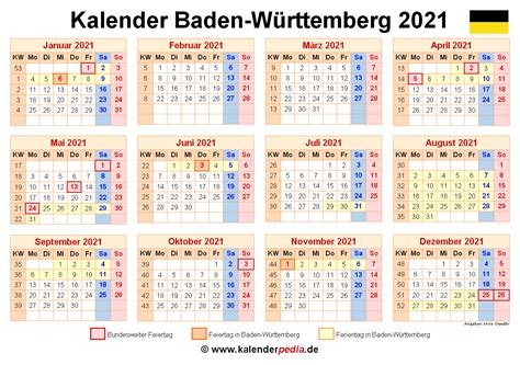 Kalender 2021 Baden Württemberg Ferien Feiertage Pdf Vorlagen