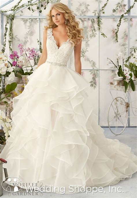 Mori Lee 2805 A Lace V Neck Wedding Dress With Ruffled Skirt Belle