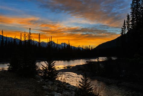 Stunning Sunrise Scenery Of Bow River And Castle Mountains At Banff