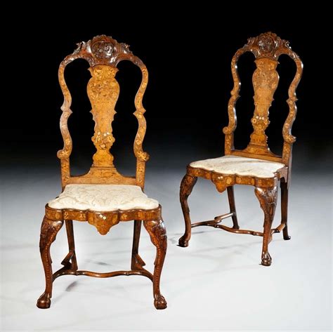 Pair Of Dutch Ivory And Fruitwood Marquetry Inlaid Walnut Side Chairs