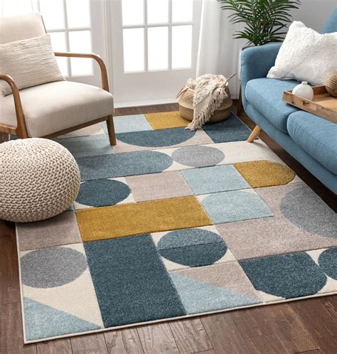 Well Woven Dion Blue Modern Geometric Boxes And Circles Pattern Area Rug