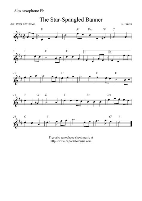 The Star Spangled Banner Free Alto Saxophone Sheet Music Notes