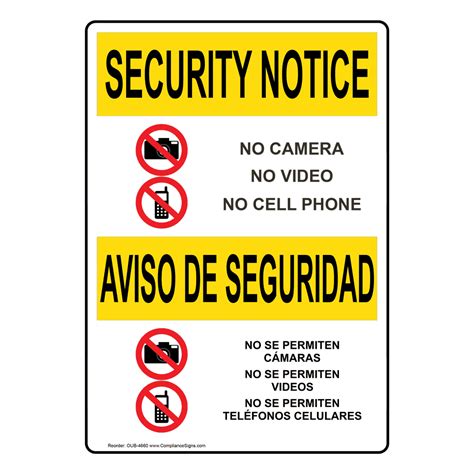 Vertical No Camera Video Cell Bilingual Sign Osha Security Notice