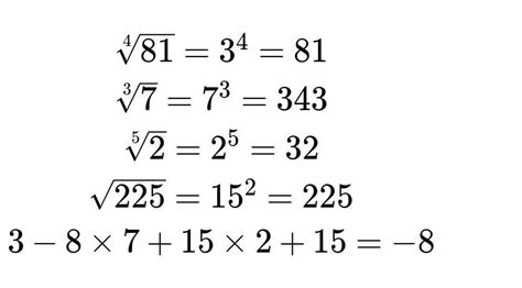 Simplify ⁴√81⁵√32³√343√225