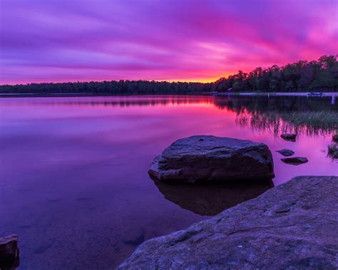 Wallpaper Purple sunset, forest, lake, rocks 1920x1200 HD Picture, Image