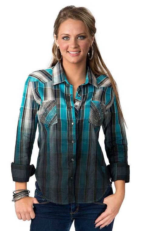 Rock And Roll Cowgirl Womens Blue Teal Olive And Ivory Plaid With Rhinestone Pockets Long