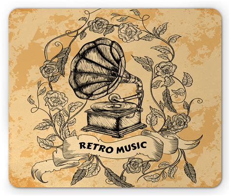 Vintage Mouse Pad Drawing Of Nostalgic Gramophone Vinyl Rose Petals