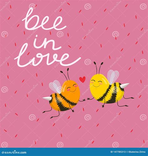 Typographic Design Bee In Love With A Cute Cartoon Image Of A Pair Of