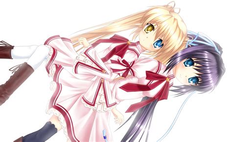 2girls aliasing aqua eyes bicolored eyes black hair blonde hair boots key kneehighs konohana