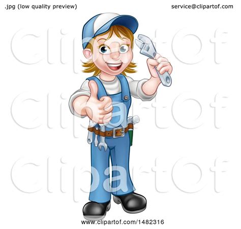 Clipart Of A Cartoon Full Length Happy White Female Plumber Holding An