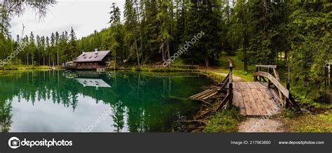 Wonderful Emerald Colored Lake Wooden Bridge Cabin Cortina Dampezzo