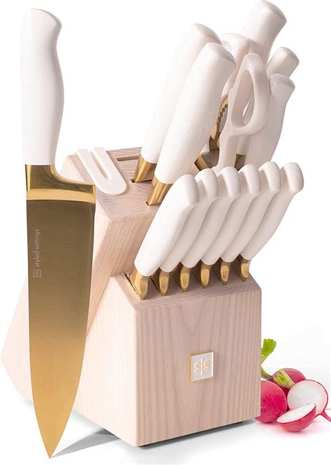 White And Gold Knife Set With Block Self Sharpening 14 Piece