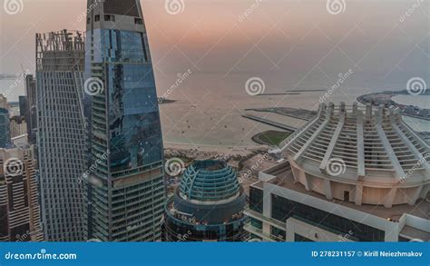 Aerial Sunset View Of Jbr And Dubai Marina Skyscrapers And Luxury