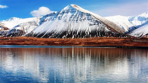 Wallpaper Iceland Hafnarfjall Snowy Mountains Water Reflection