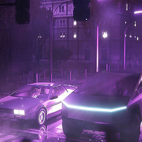 2048x2048 Dmc Delorean And Tesla Cybertruck Neon Life Ipad Air Hd 4k