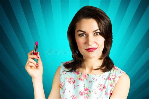 Beauty Smiling Pin Up Girl With Lipstick In Hand Stock Image Image Of