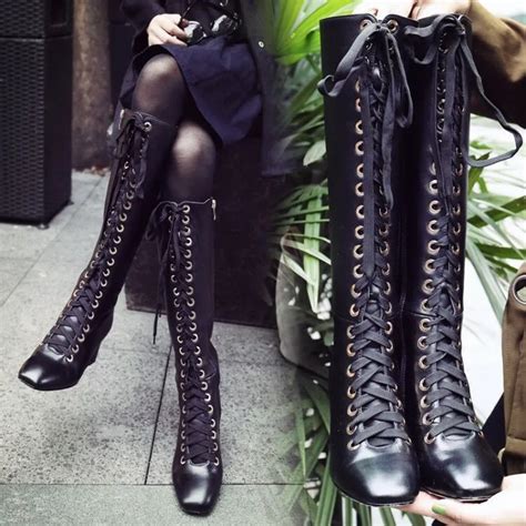 Avvvxbw Fashion Women Knee High Boots Lacing Long Boots Genuine Leather