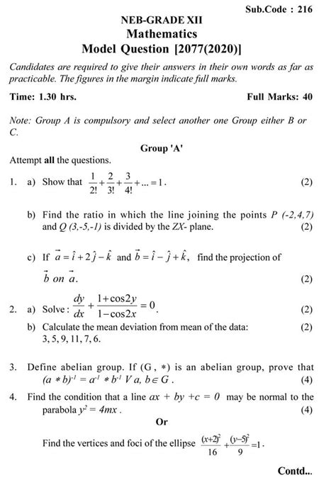 Neb Grade 12 Mathematics Model Questions