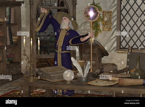 A Wizard In His Library Casts A Spell With His Magic Wand And Staff