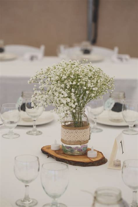 Babys Breath In Mason Jars With Burlap And Lace