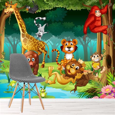 Jungle Animals Wall Mural Lion Giraffe Wallpaper Kids