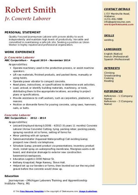 Concrete Laborer Resume Samples | QwikResume