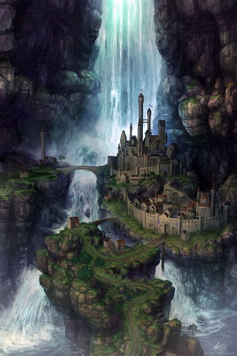 A Fantasy Castle In The Middle Of A Waterfall