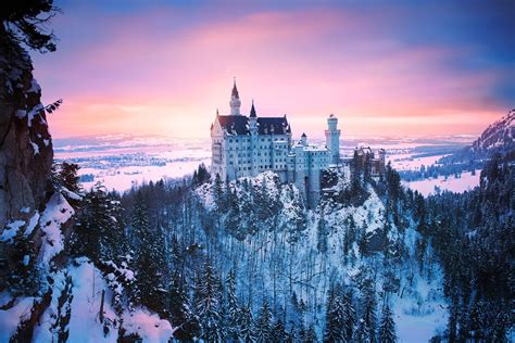 Neuschwanstein Castle Bavaria Germany Winter Sunset Forest Wallpaper