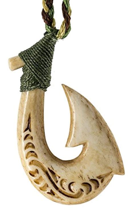 Maori Hawaiian Aged Bone Fish Hook Necklace With Camo Cord And