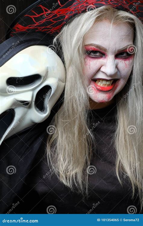 Zombie Girls With Black Eyes And A Bloody Mouth On Halloween Stock