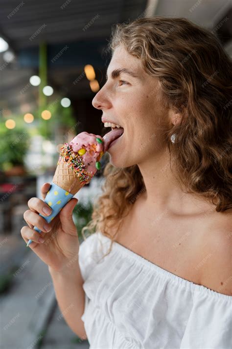 Free Photo Side View Woman Licking Ice Cream Cone