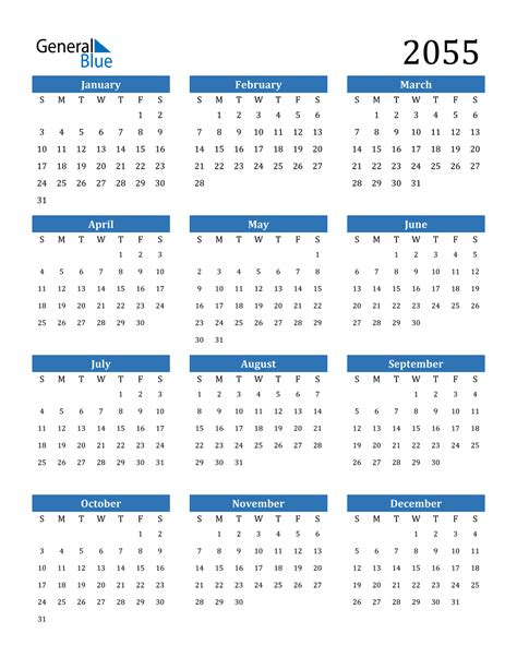 2055 Calendar Pdf Word Excel