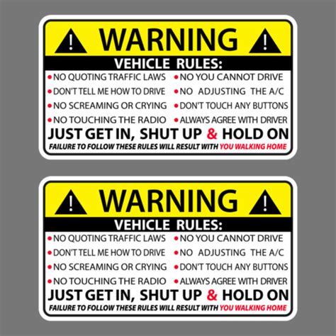 Vehicle Rules Funny Vinyl Sticker Car Truck Window Decal Safety Warning