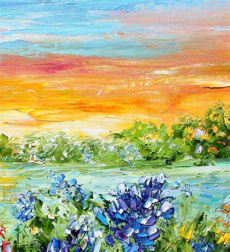Bluebonnets Landscape Blue Flower Painting Texas Art Original Oil On