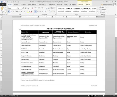 Fsms Food Safety Records List Template