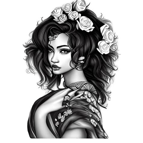 beautiful black and white geisha with roses coloring page · creative fabrica