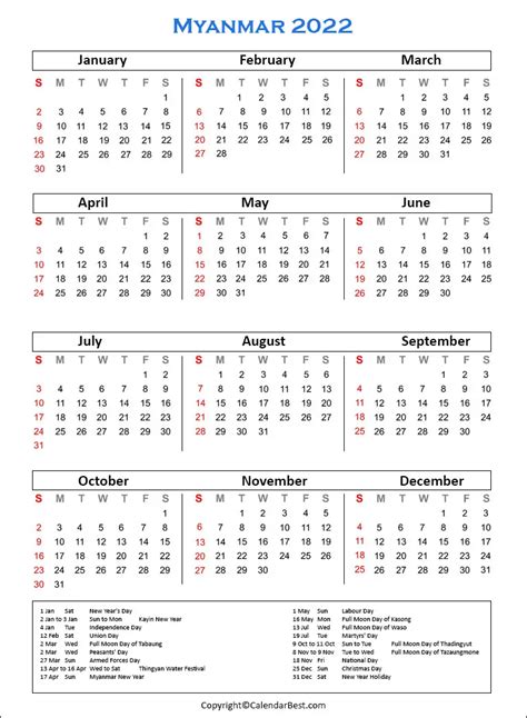 Free Printable Myanmar Calendar 2022 With Holidays