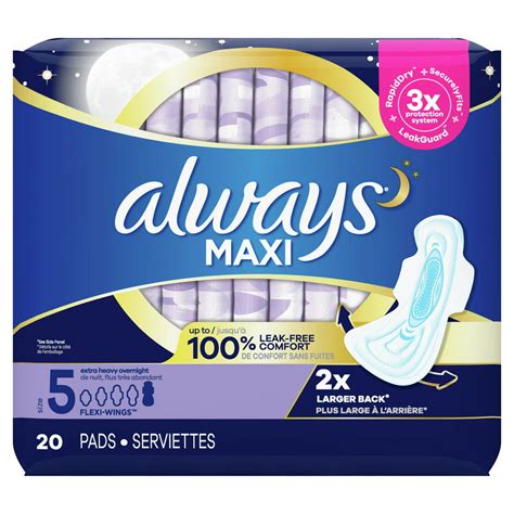 always maxi extra heavy overnight pads with wings unscented size 5 20 ct