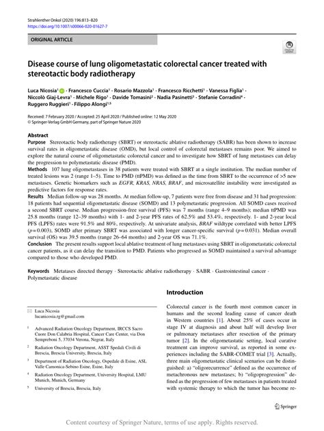 Disease Course Of Lung Oligometastatic Colorectal Cancer Treated With Stereotactic Body
