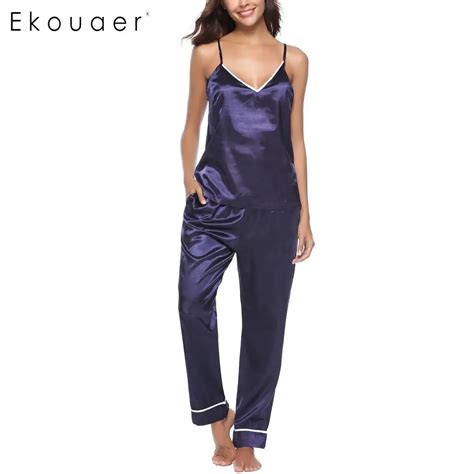 Ekouaer Sexy Pajamas Set Women Faux Silk Satin Nightwear Loose Home Women Casual V Neck